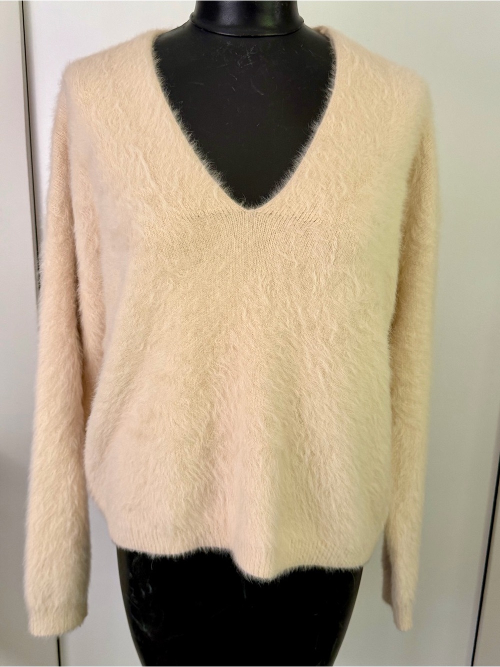 V-Neck Fuzzy Peach Cream Women's Sweater